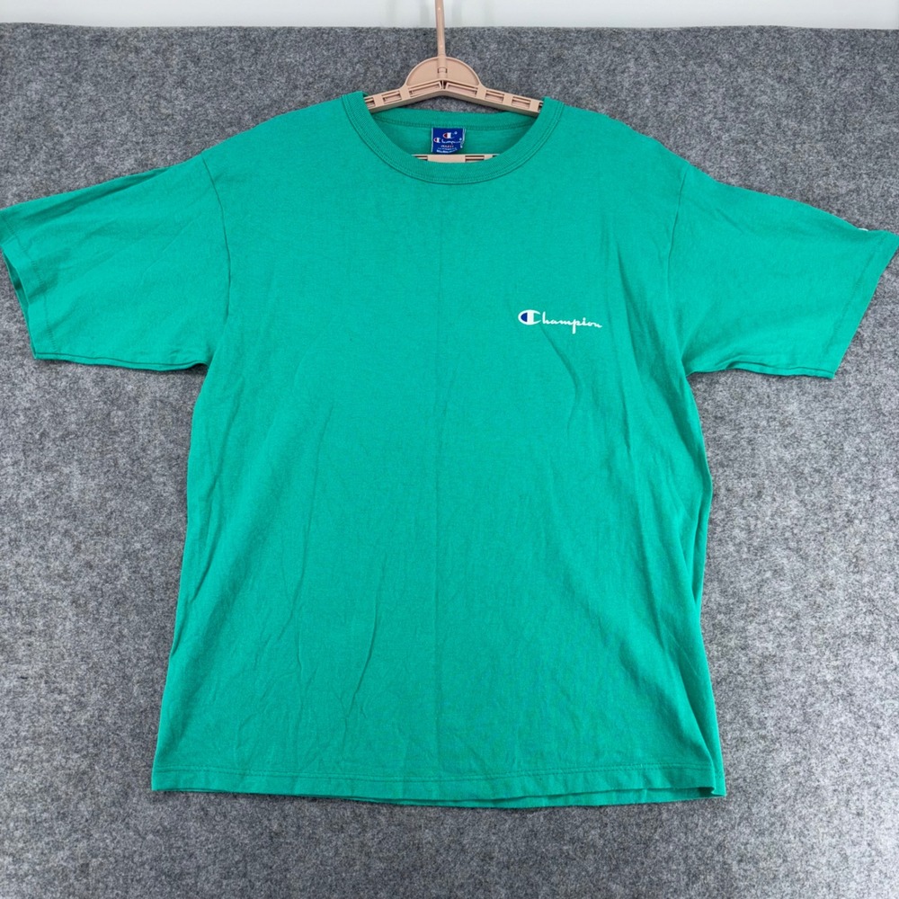 Vintage Champion T Shirt Mens Large Green Made in USA Script Logo Cotton Tee